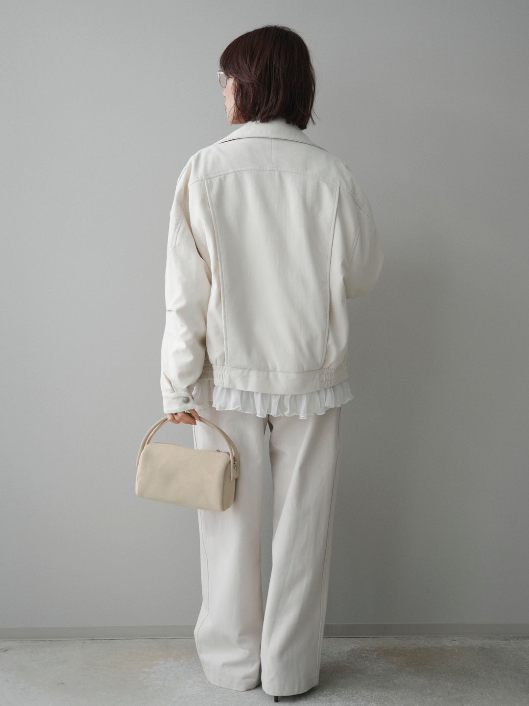 [SET]コーデュロイライダース裾レースブルゾン+カップ付テレコリブベアキャミソール+コットンツイルカーブパンツ(3set)