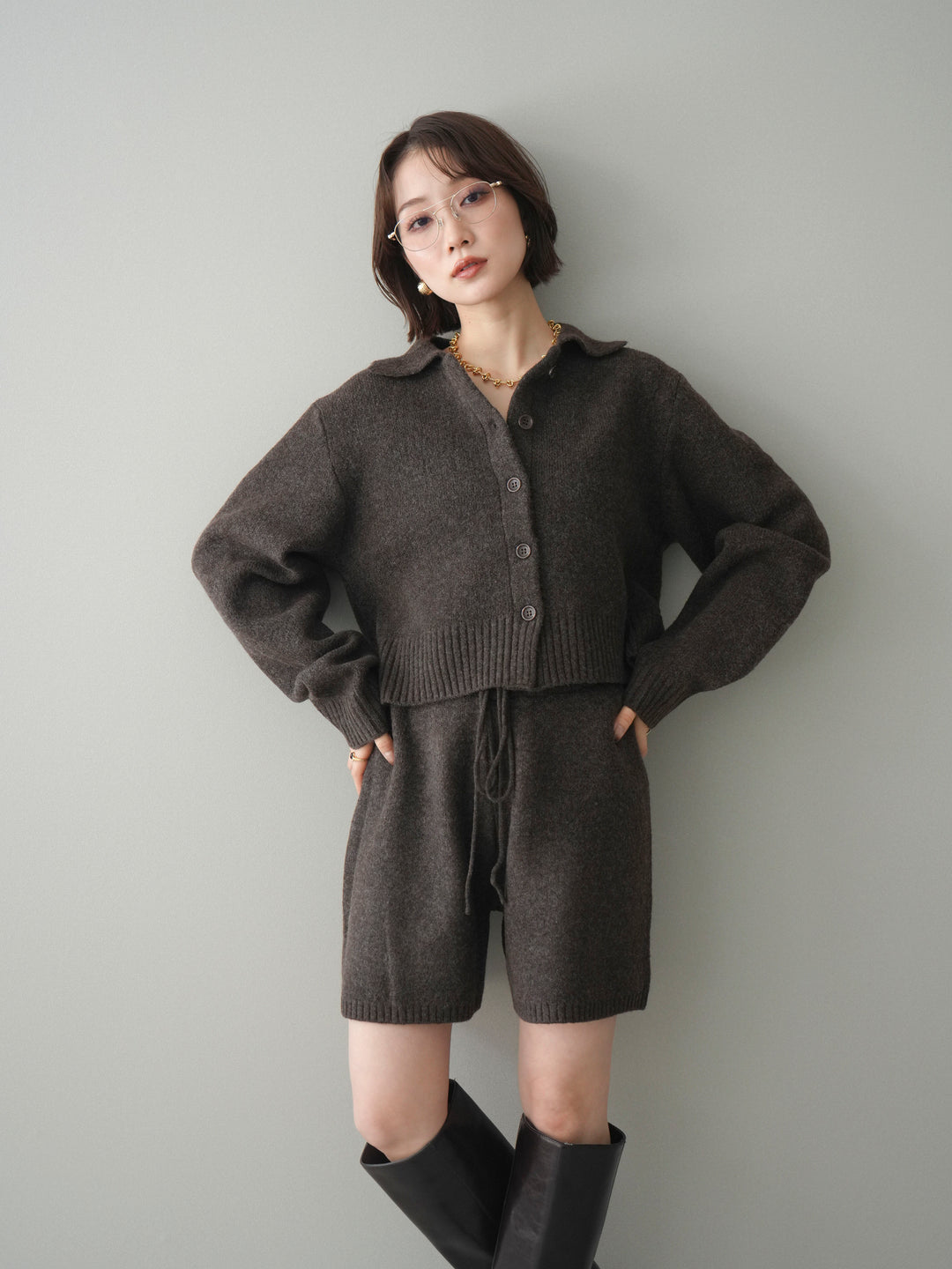 [予約]メランジニット襟付きクロップドカーディガン/brown