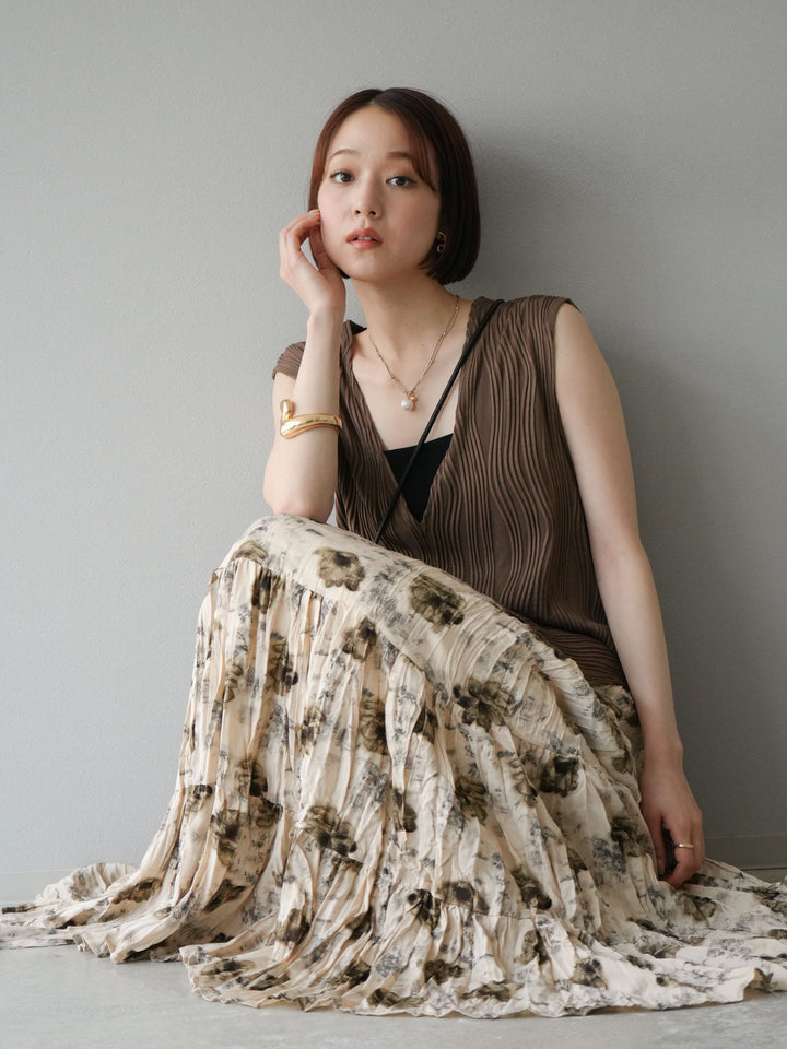 [SET]ウェーブパイピングVネックベスト+フラワーワッシャーロングスカート(2set)