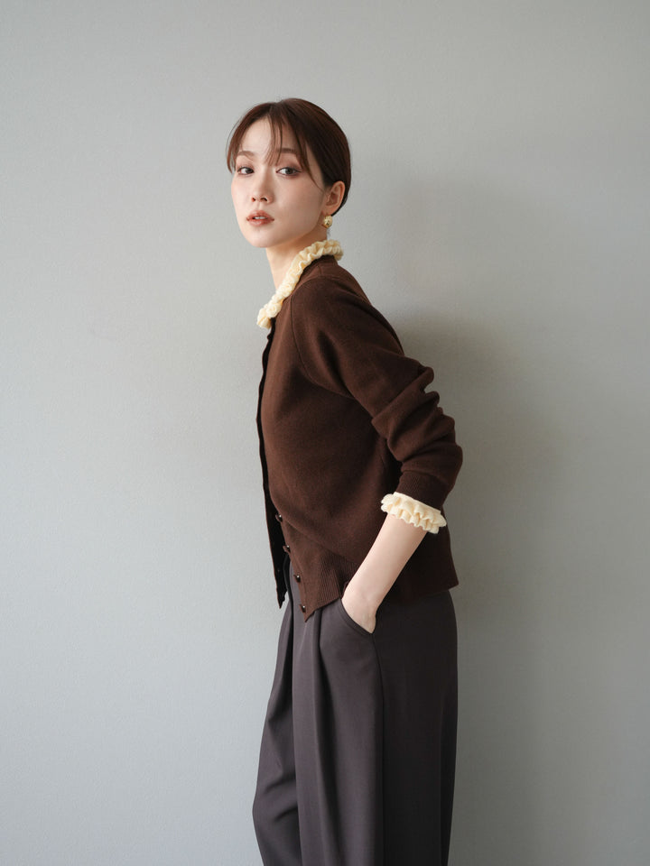 [予約]フリルデザインコンパクトニットカーディガン/ブラウン