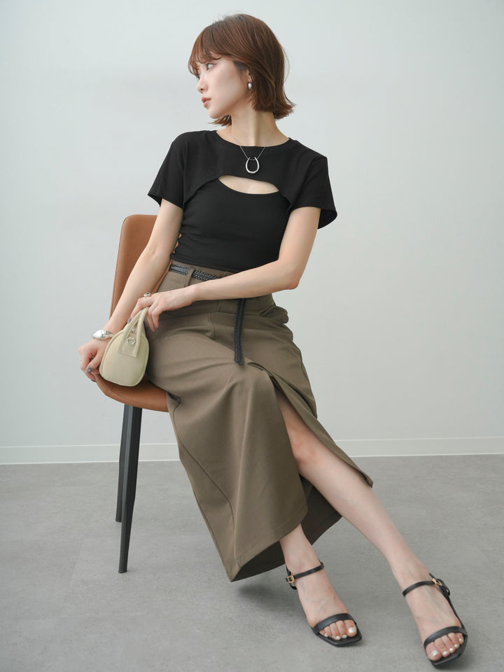 [SET]フロントオープンレイヤードトップスセット+クレープデシンフラップ付きストレートスカート(2set)