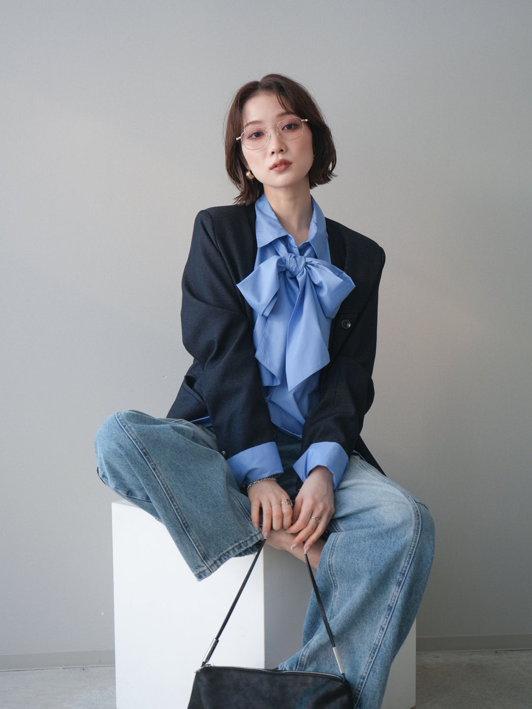 [SET]ノーカラージャケット+ボウタイ付オーバーシャツ(2set)