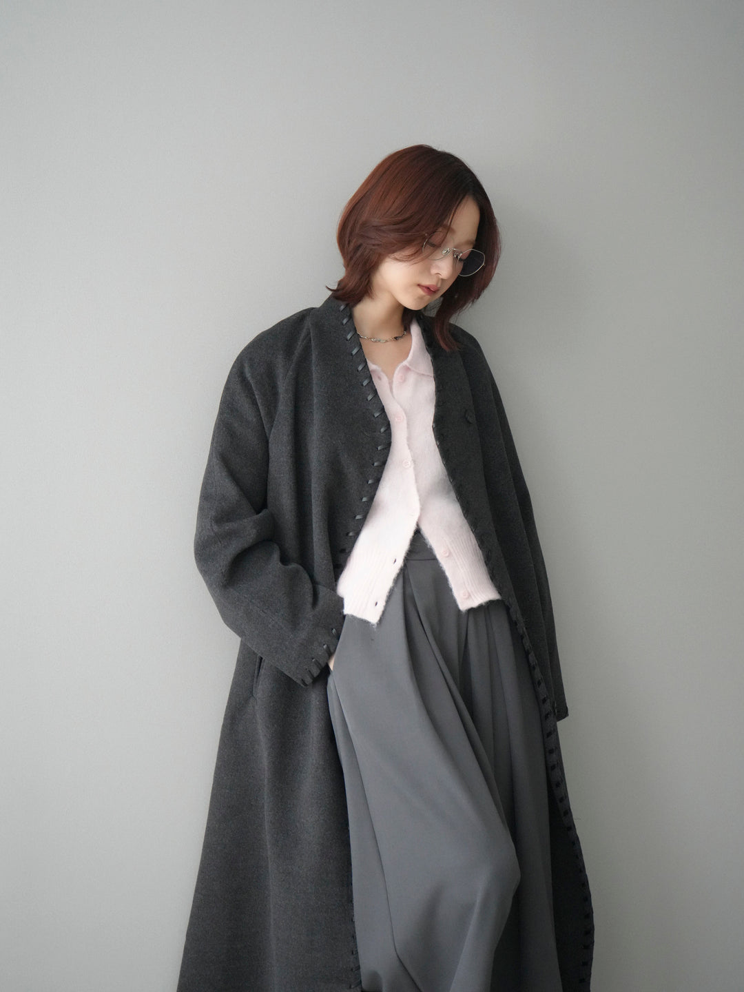 [SET]ハンドステッチ裏中綿ロングコート+モヘア衿付きボタンプルオーバー(2set)