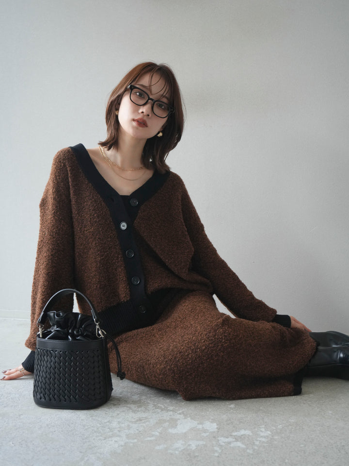 [予約]ブークレバイカラーニットカーディガン/brown