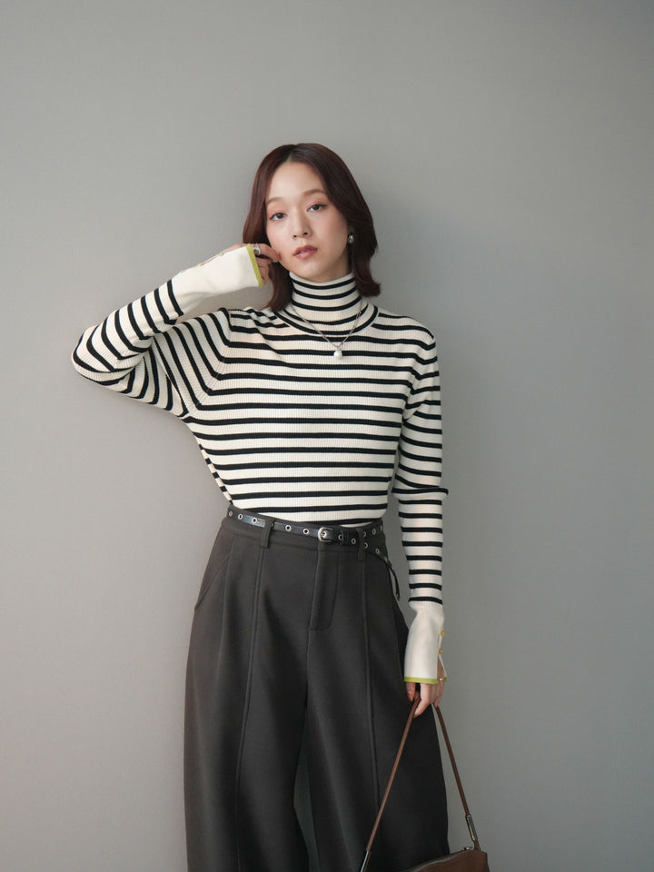[SET]袖配色ハイネックボーダーリブニットトップス+ベルト付き裏起毛ワイドパンツ(2set)