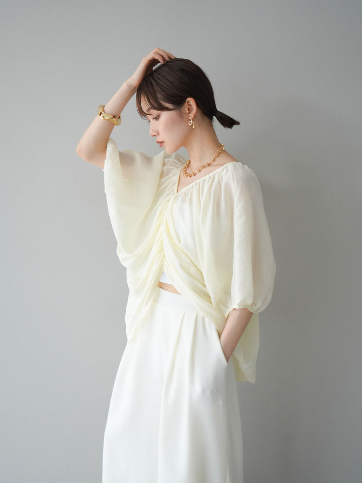 [SET]ボリュームスリーブシアータックブラウス+リネンライクイージーワイドパンツ(2set)