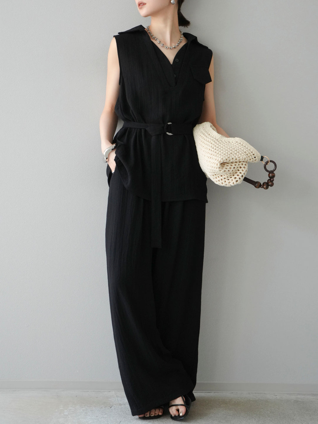 [SET]リネンライクスキッパーブラウス＆ワイドパンツSET UP