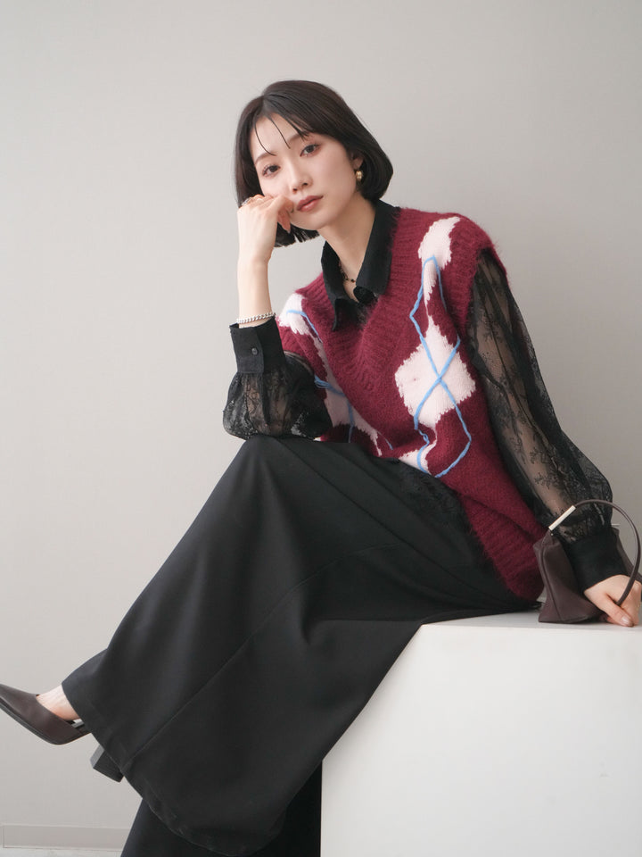 [SET]アーガイルVネックニットベスト+選べるアクセセット(2set)