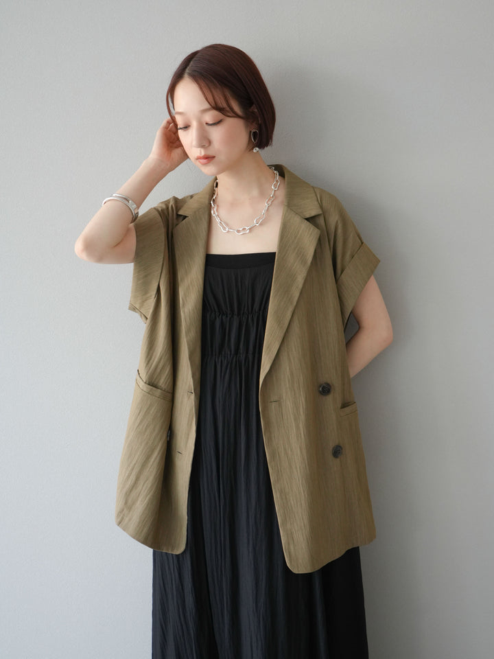 [SET]レーヨンシャーリングキャミワンピース+リネンライクノースリーブダブルジレ(2set)