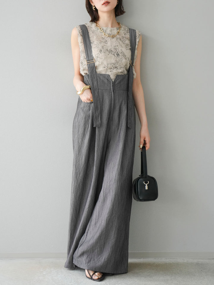 [SET]ストリングデザインハイウエストサロペット+ニュアンスフリンジジャガードノースリーブブラウス(2set)