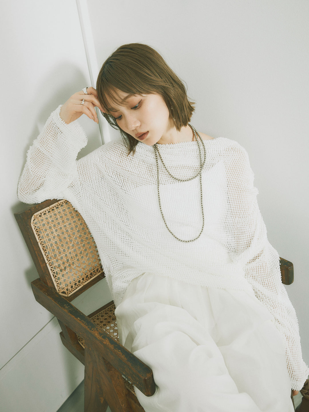 [SET] 後背垂墜網眼套頭衫 + 透明萊賽爾三折寬褲 (2 套)