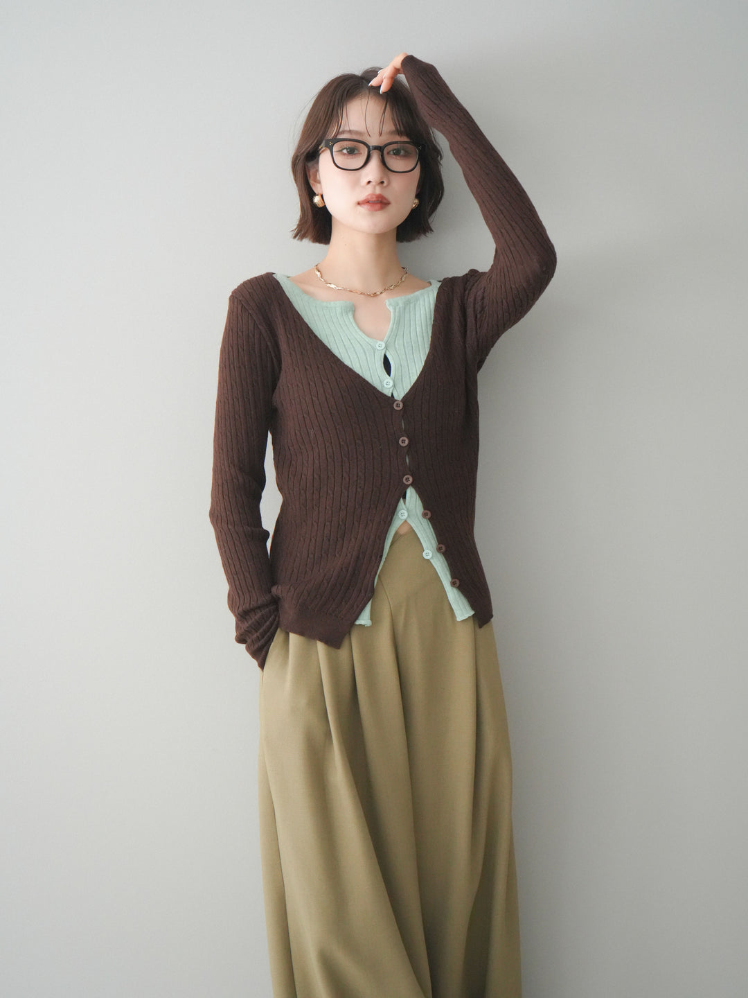 [予約]バイカラーレイヤードニットカーディガン/brown