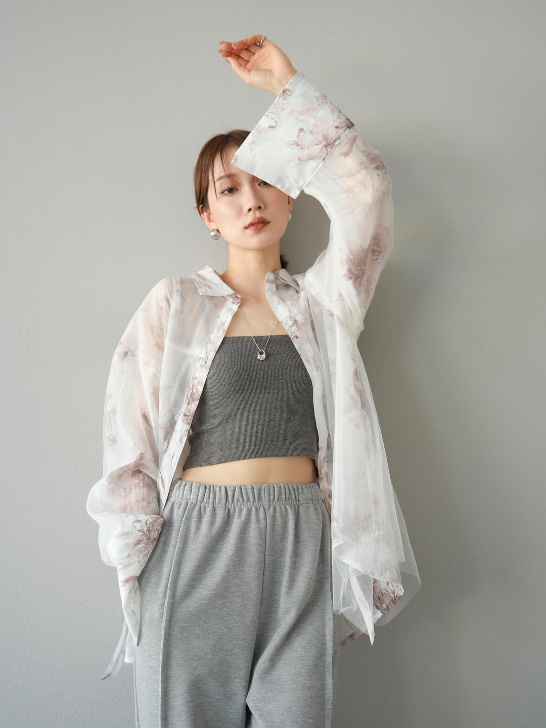 [予約]チュールドッキングフラワー柄オーバーサイズシャツ/オフ