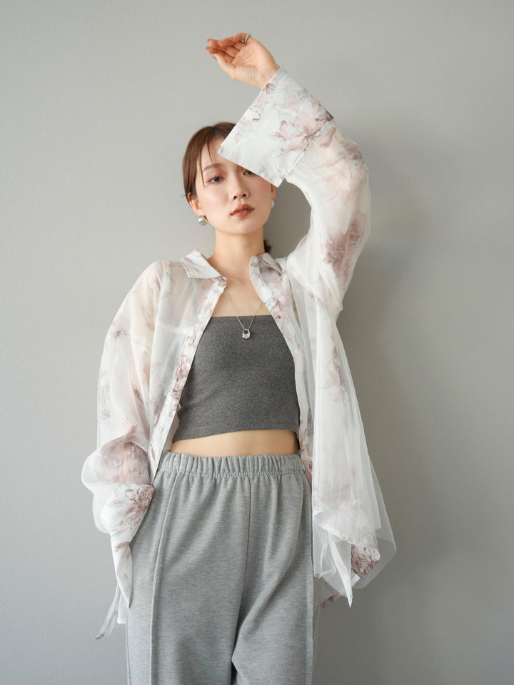 [予約]チュールドッキングフラワー柄オーバーサイズシャツ/オフ