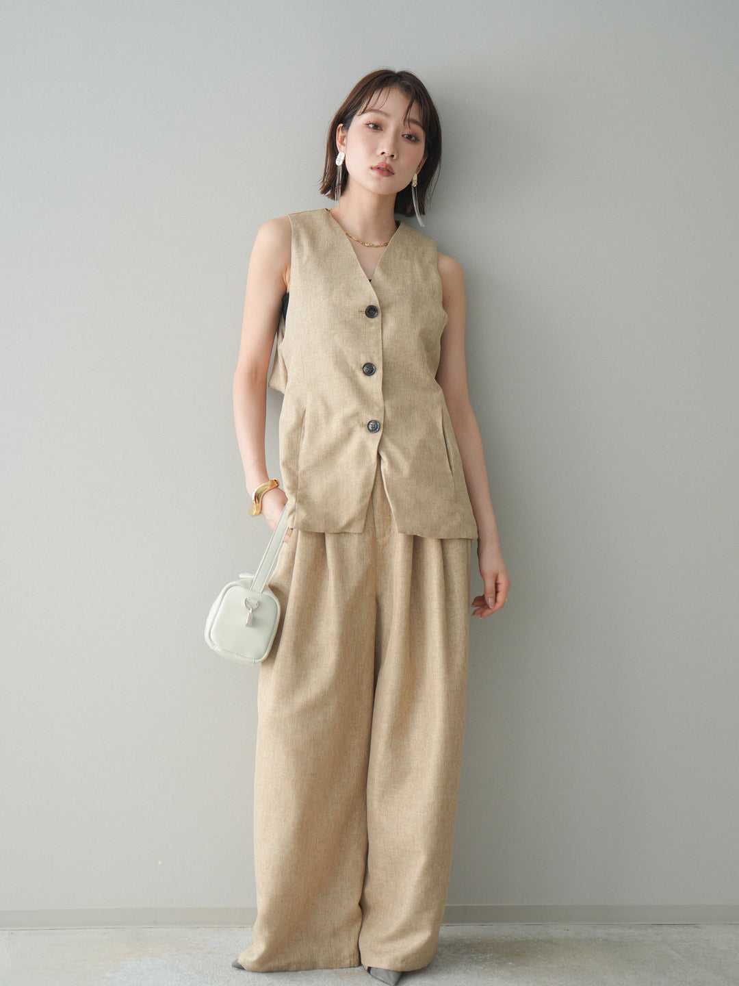 [SET]リネンライクバックオープンジレ+リネンライクタックワイドパンツ(2set)