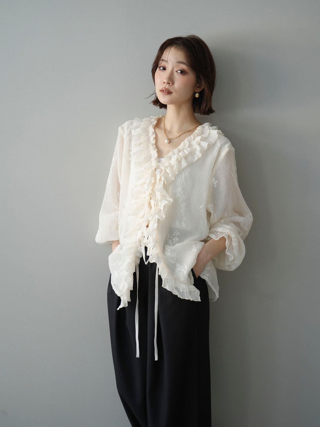 [SET]楊柳ラッフルフリルカーディガン+選べるアクセセット(2set)