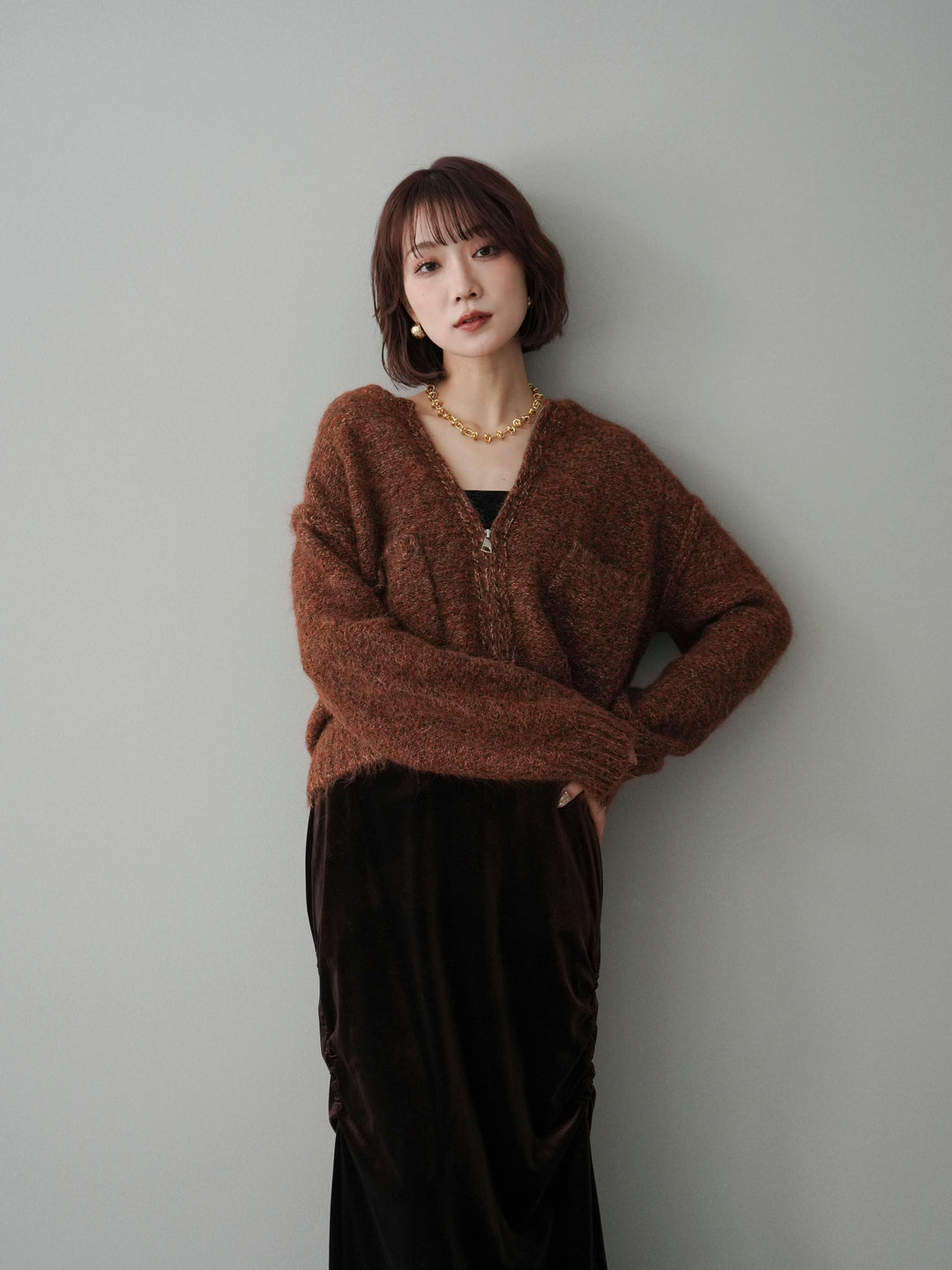 [予約]ミックスヤーンダブルZIPニットカーディガン/brown