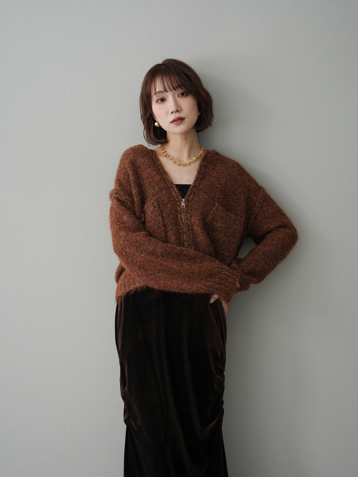 [予約]ミックスヤーンダブルZIPニットカーディガン/brown