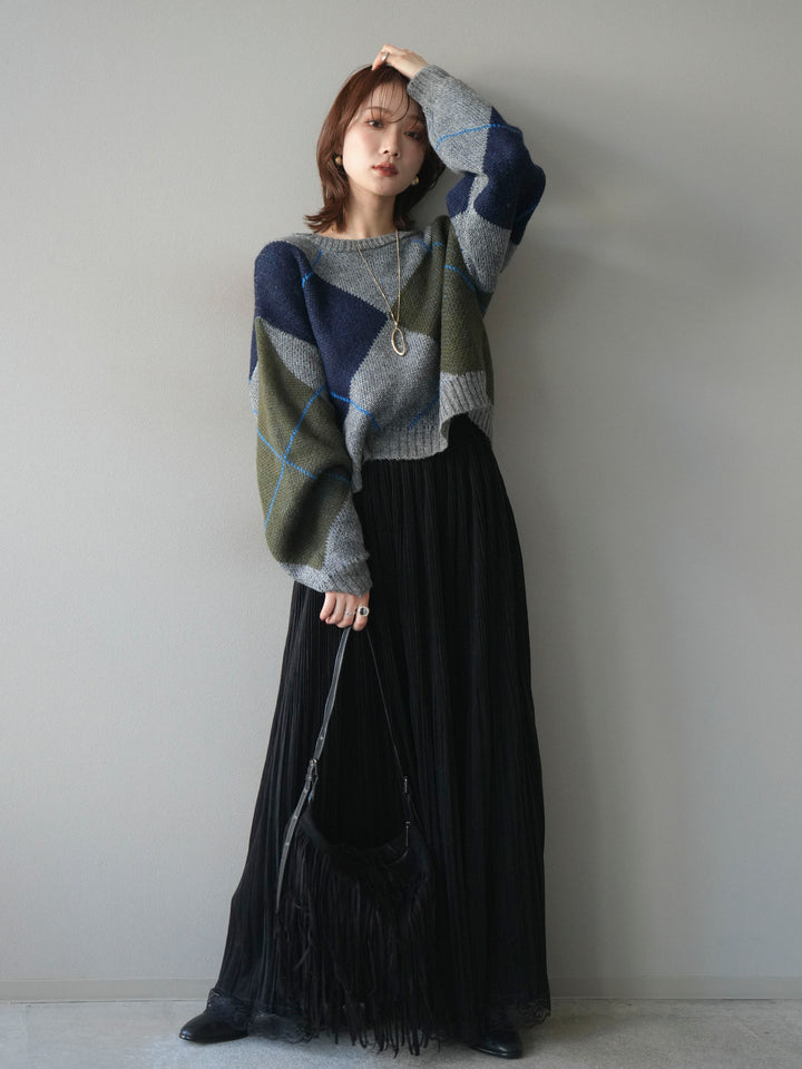 [SET]配色ステッチアーガイル柄ニットプルオーバー+裾レーススウェードプリーツマキシスカート(2set)