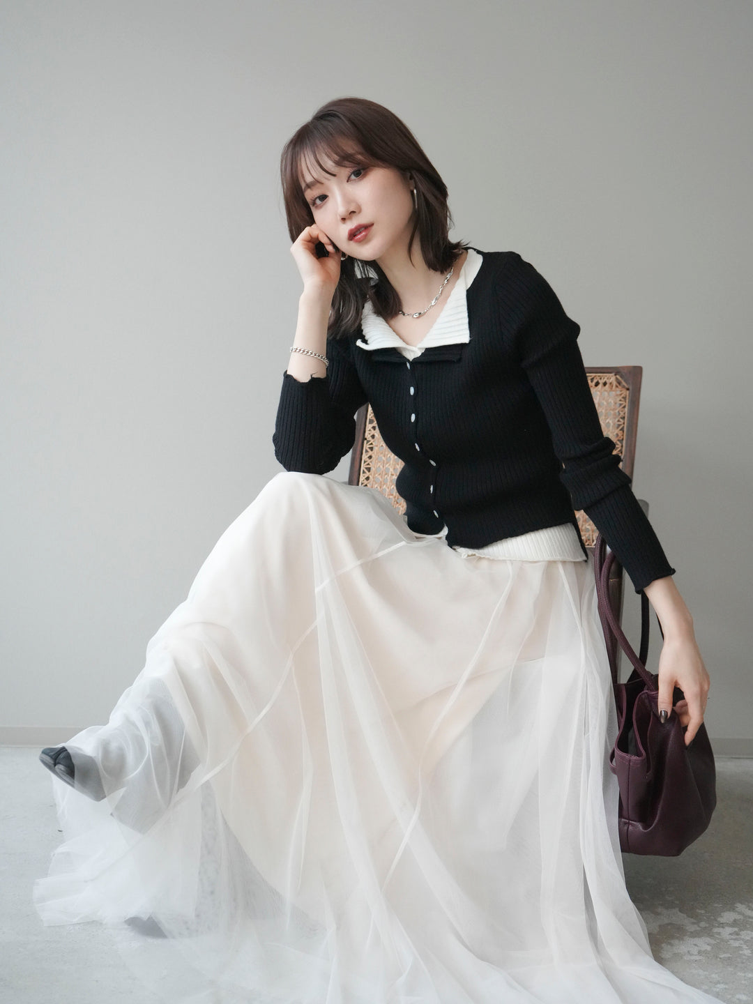 [予約]配色レイヤードリブニットカーディガン/black