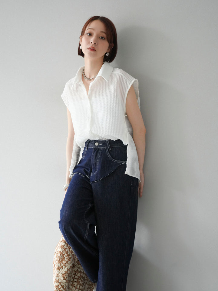 [SET] 透視格紋無袖襯衫 + 臀部設計牛仔褲（2 套）