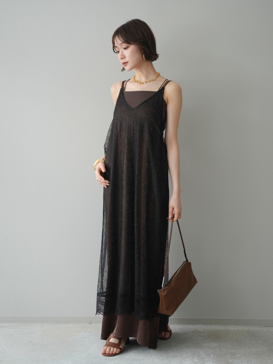 [予約]サテンレースレイヤードキャミワンピース/brown