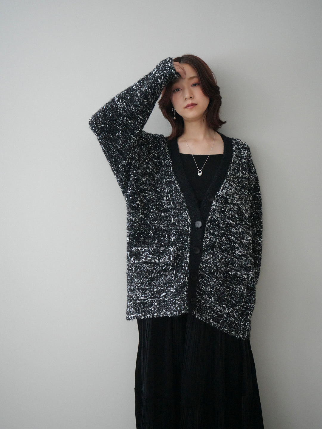 [SET]モールネップニットカーディガン+ベロアティアードワッシャースカート(2set)