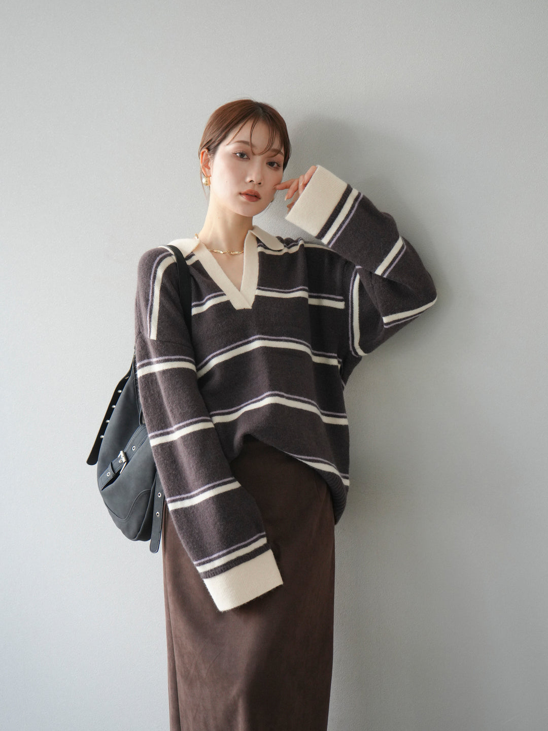 [予約]ポロ襟スキッパーボーダーニットプルオーバー/ブラウン