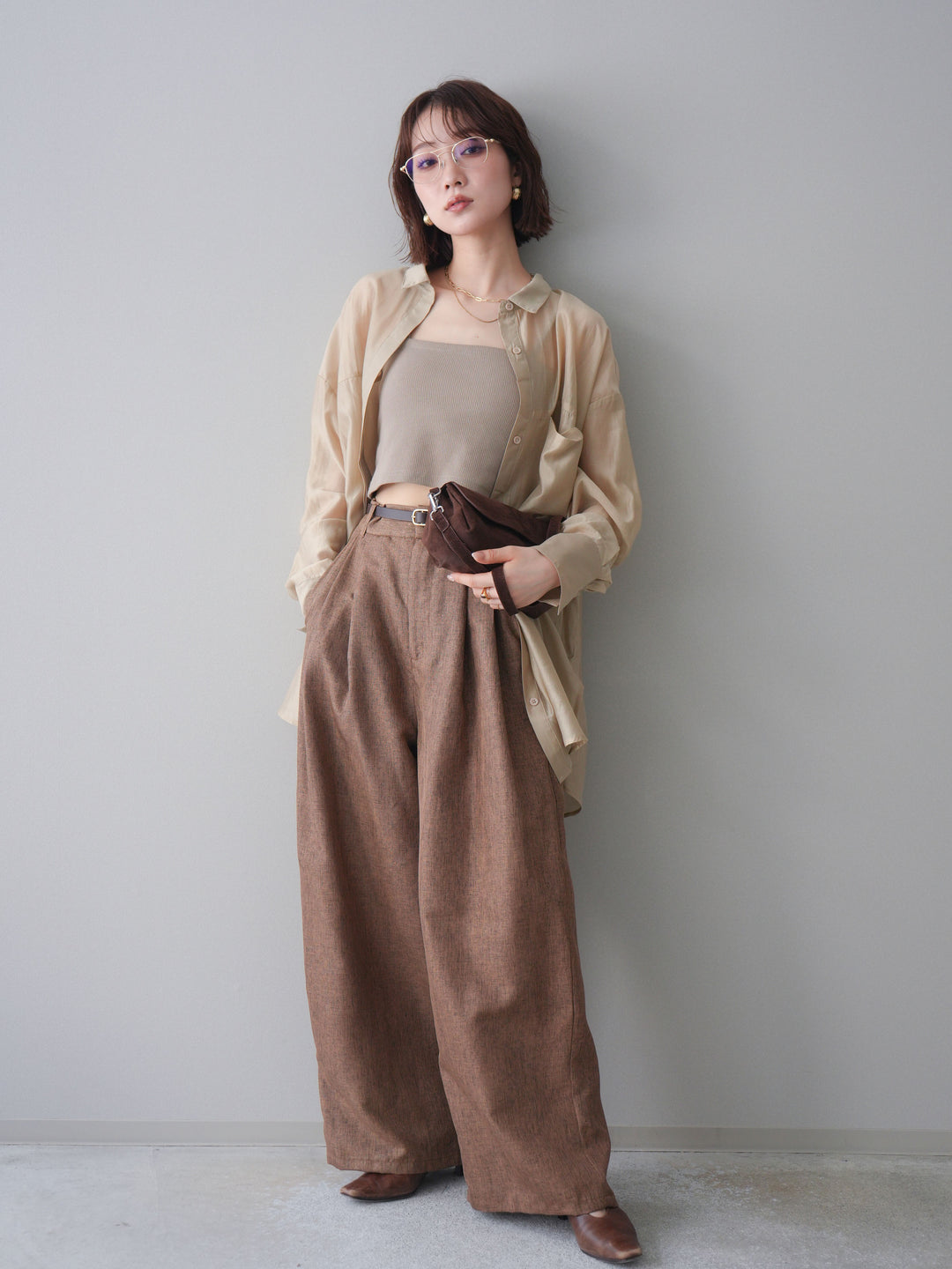 [予約]リネンライクタックワイドパンツ/brown