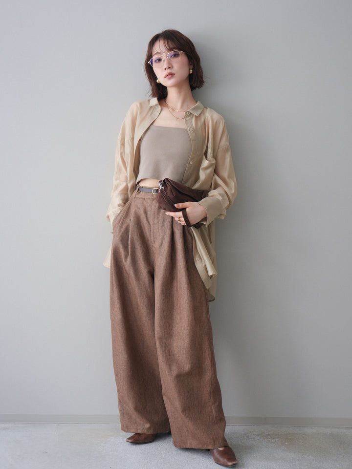 [予約]リネンライクタックワイドパンツ/brown