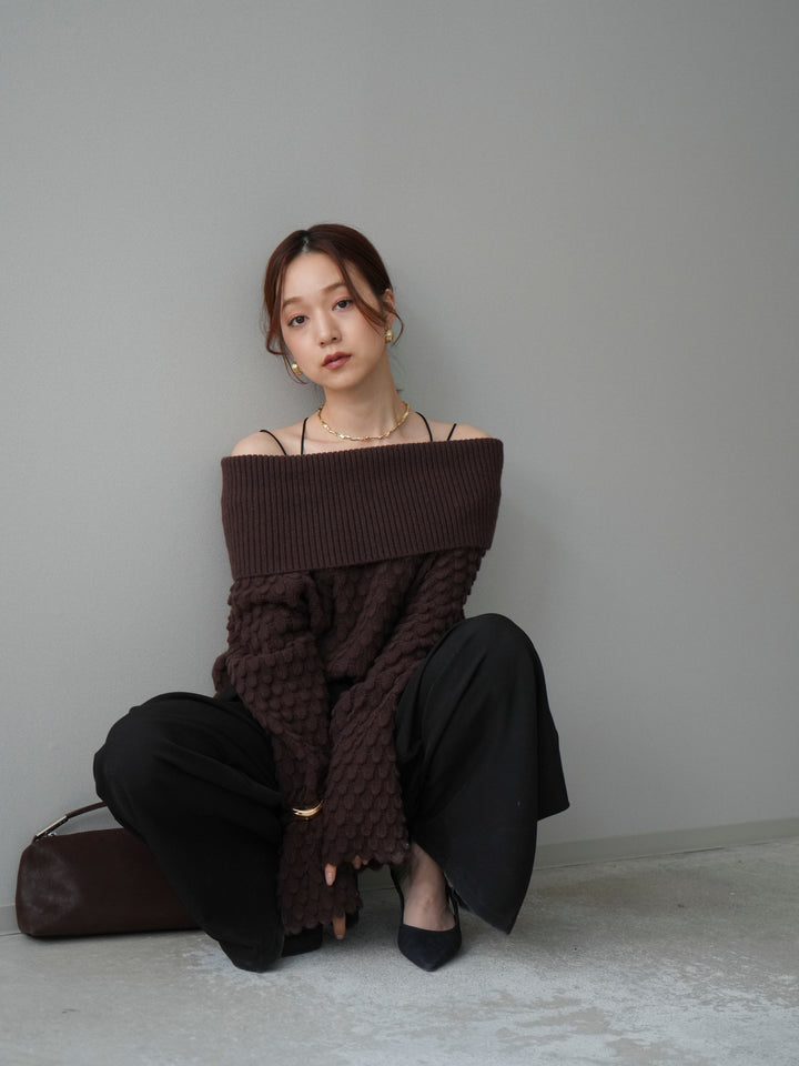 [SET]ポコポコ編みオフショルニットプルオーバー+ベルトループデザインワイドパンツ(2set)