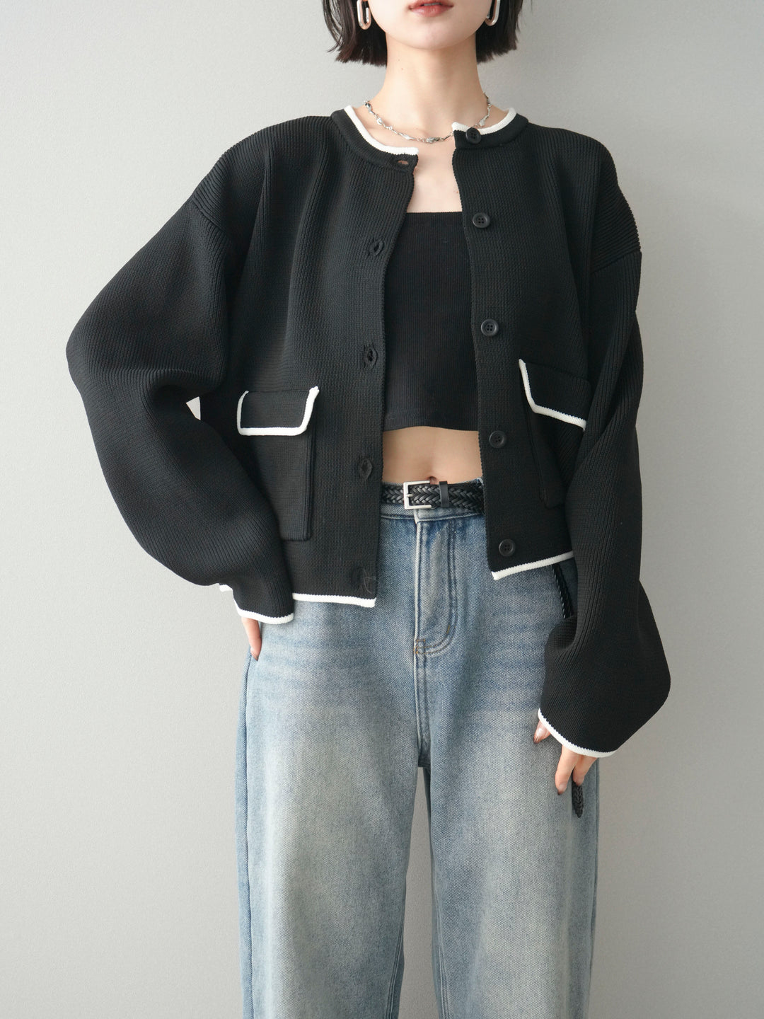 [SET]ポリエステル配色ニットカーディガン+ポリエステル配色ニットカーディガン(2set)