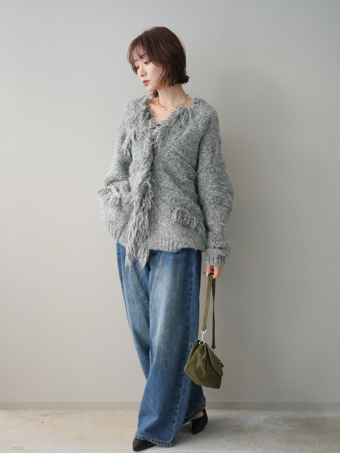 [SET]ミックスヤーンフリンジデザインニットジャケット+裏起毛加工デニムカーブパンツ(2set)