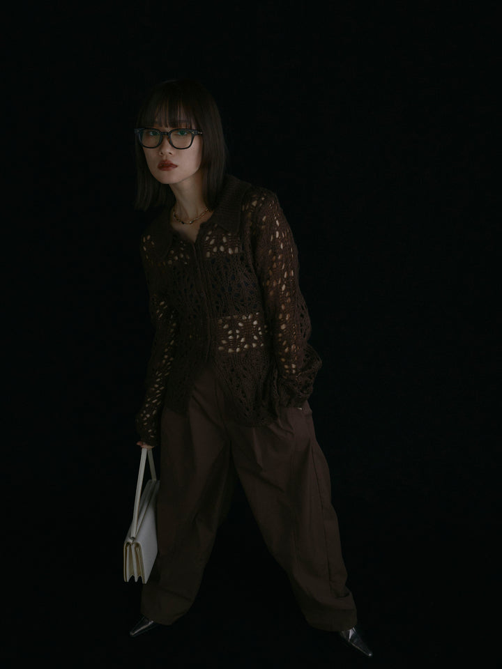 [予約]ローゲージ透かし編みポロニッカーディガン/ブラウン