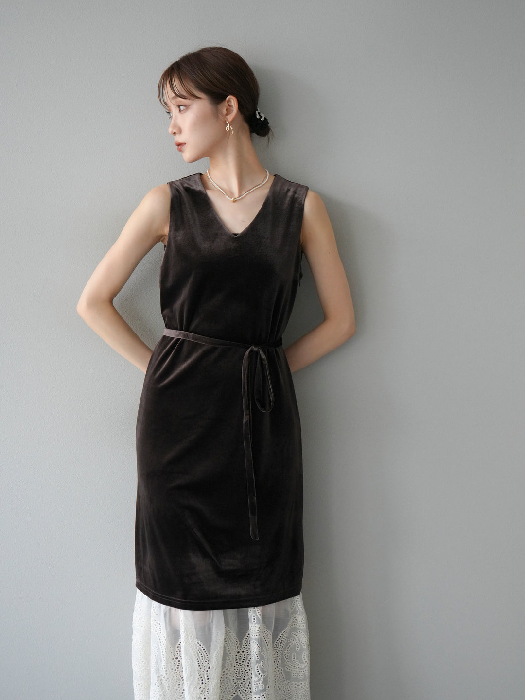 [予約]裾コットンレースベロアワンピース/ブラウン