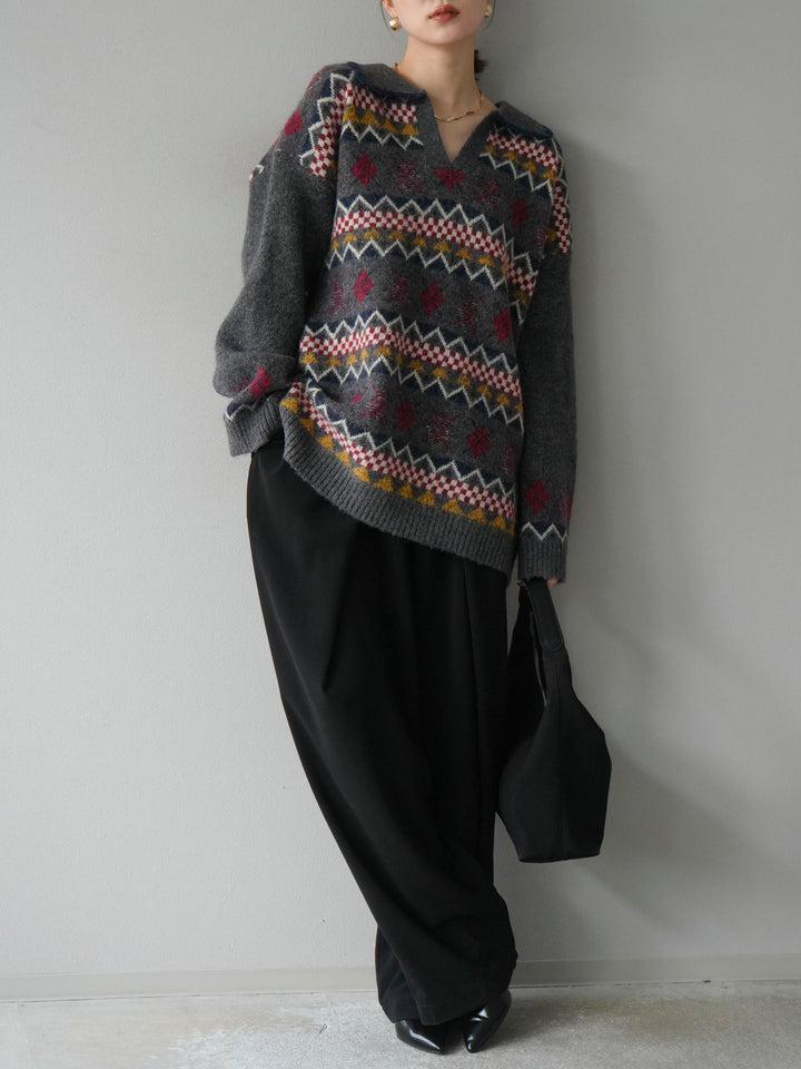 [予約]ノルディック柄ポロニットプルオーバー/チャコール