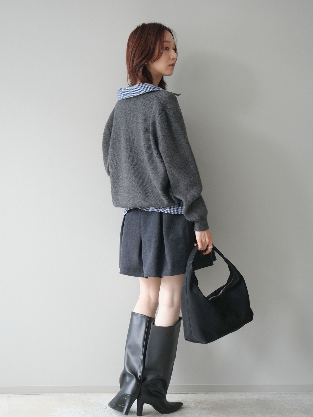 [SET]チェックシャツ襟ニットカーディガン+ベルト付きタックミニスカート(2set)