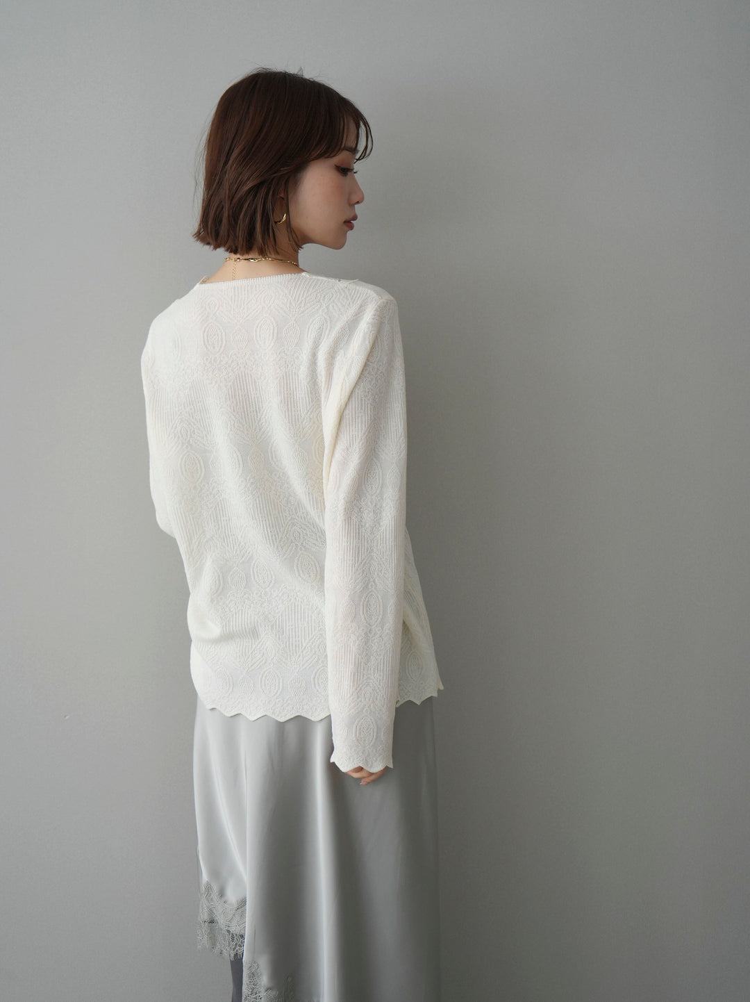 [SET]レースネックジャガードニットカーディガン+センターシームフレアパンツ(2set)