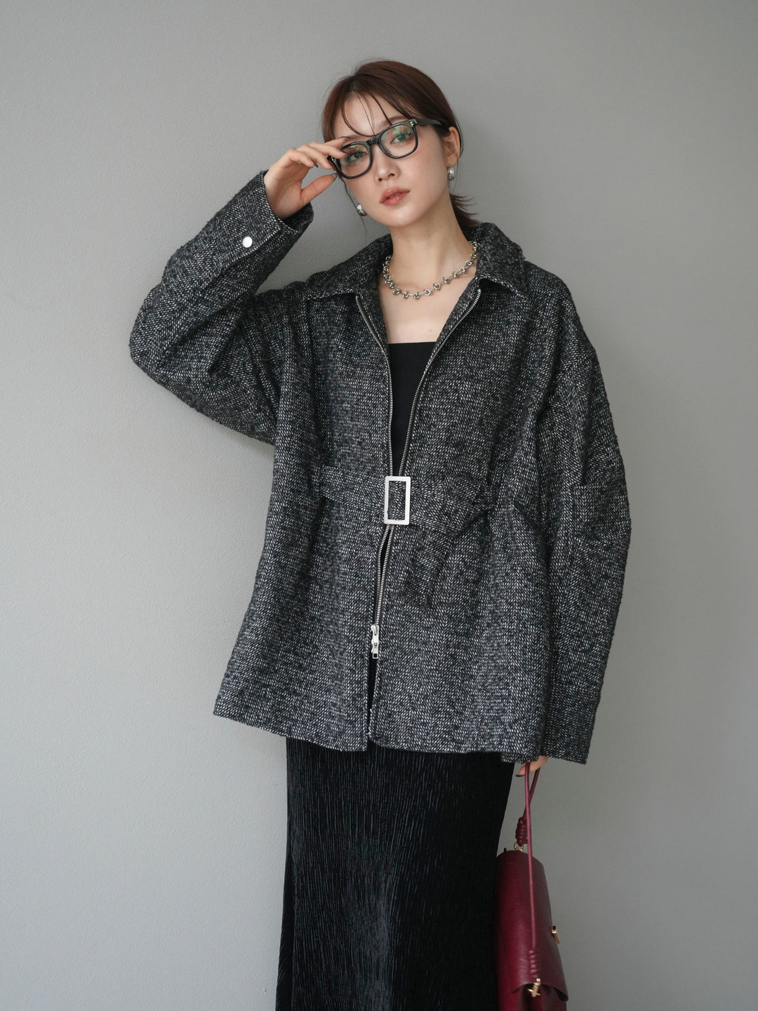 [予約]起毛ツイードベルトぺプラムジャケット/black