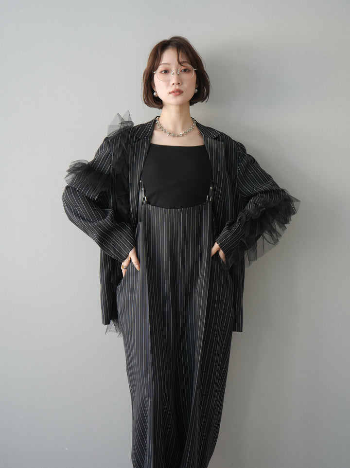 [予約]アシンメトリーチュールストライプジャケット/black