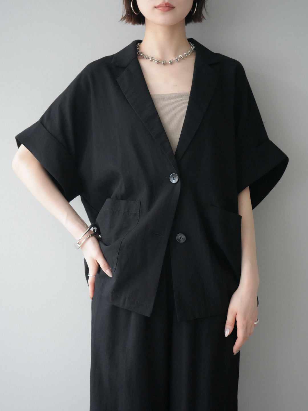 [SET]ハーフスリーブオーバージャケット+リラックスワイドパンツ(2set)