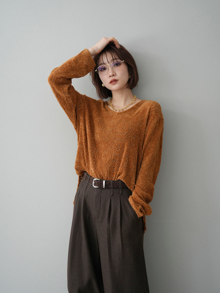 [予約]モール透かし編みニットトップス/camel