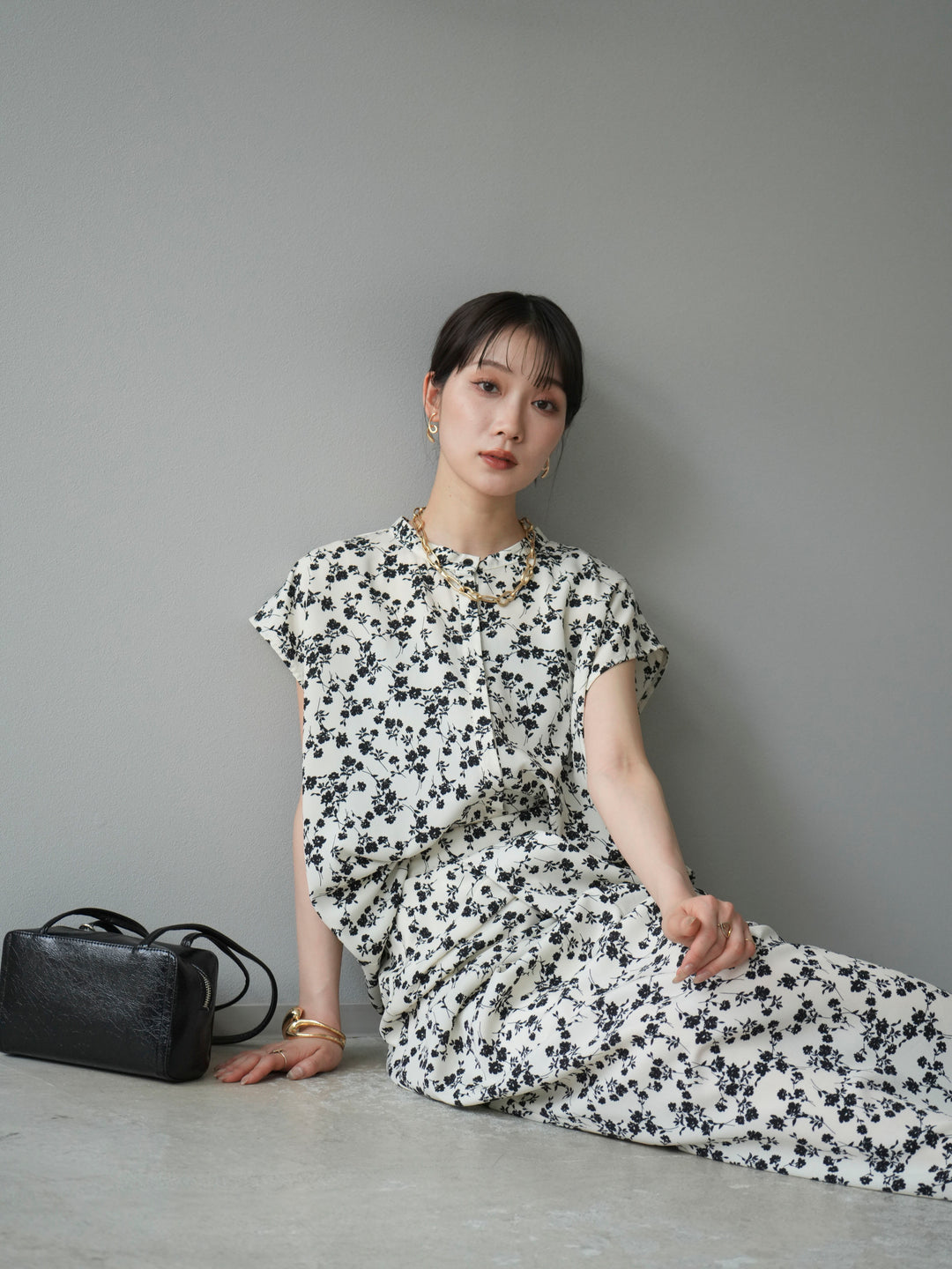 [予約]フラワープリントフレンチスリーブブラウス/アイボリー