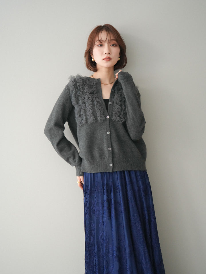 [SET]チュールフリルニットカーディガン+アンティーク柄フロッキーマキシスカート(2set)