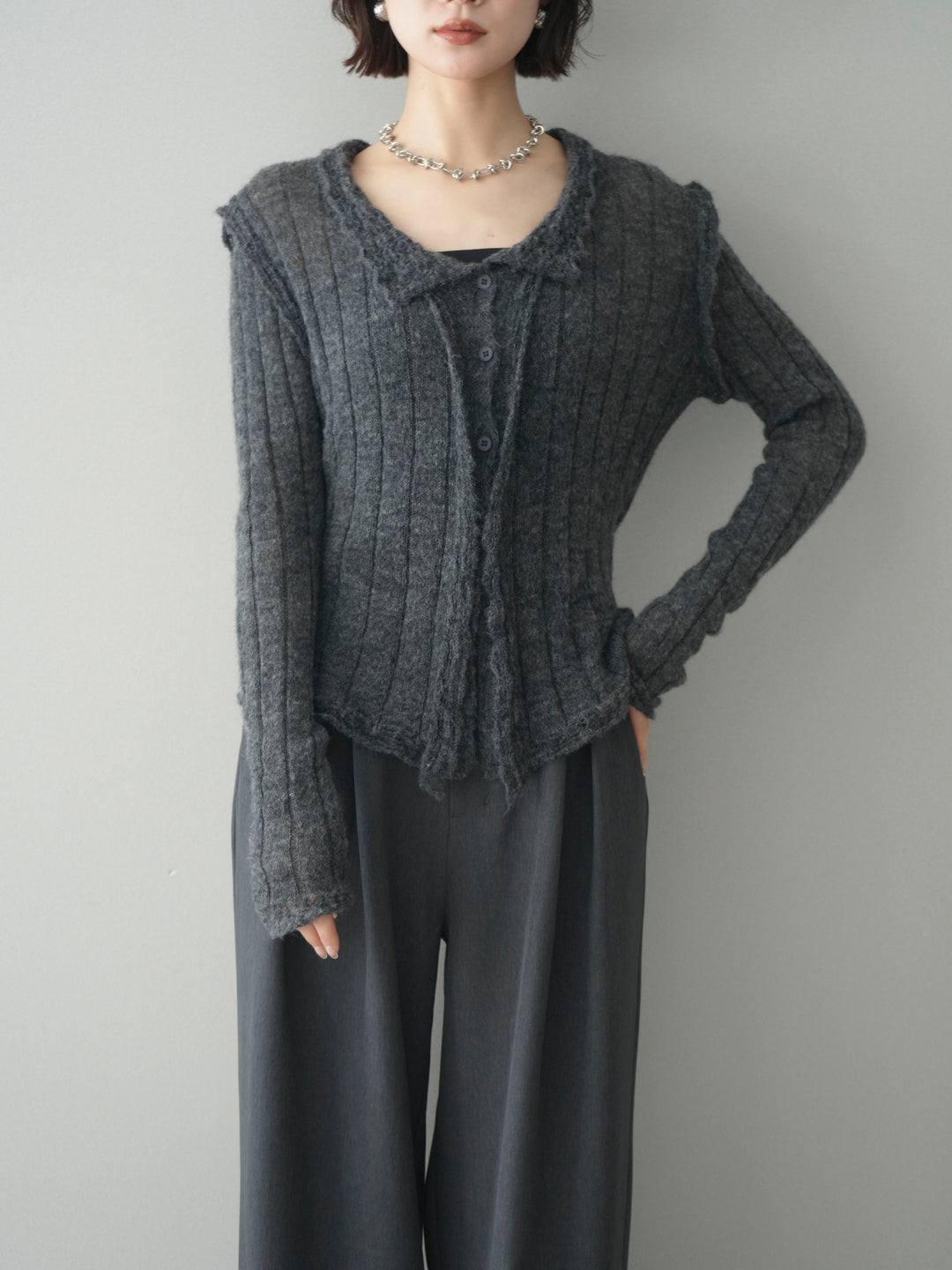 [予約]透かし襟モヘアタッチニットカーディガン/charcoal