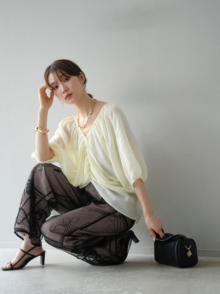 [SET]コード刺繍チュールレイヤードパンツ+ペイント柄タックパンツ(2set)