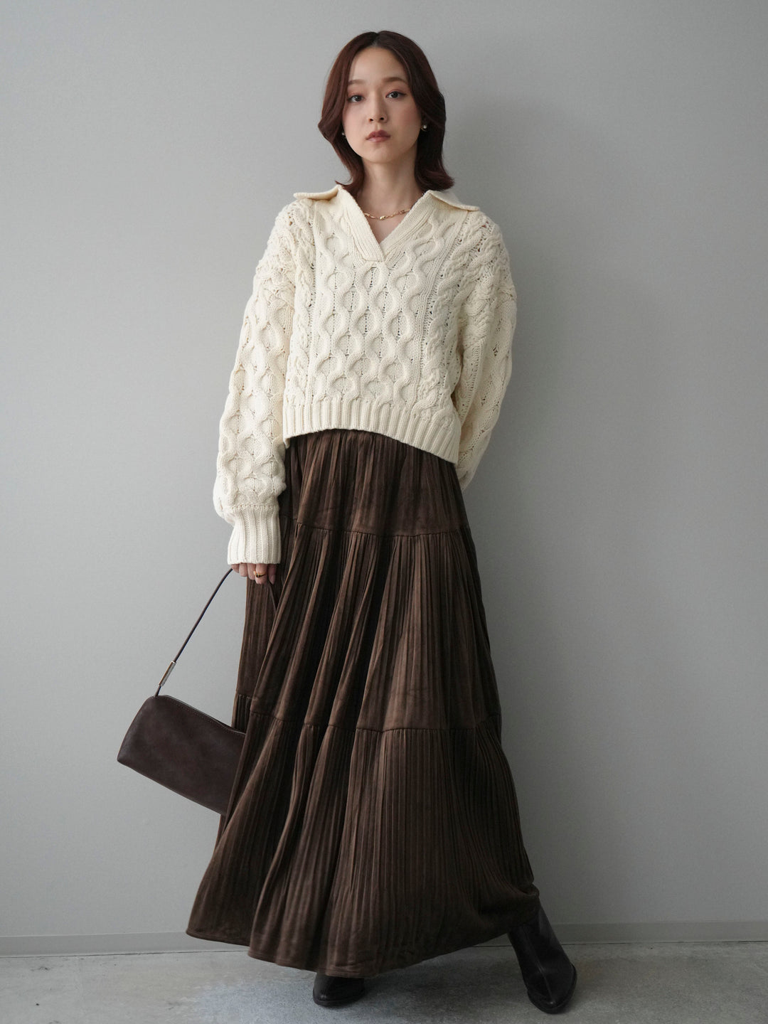 [SET]バルキーケーブルクロップド開襟プルオーバー+ベロアティアードワッシャースカート(2set)