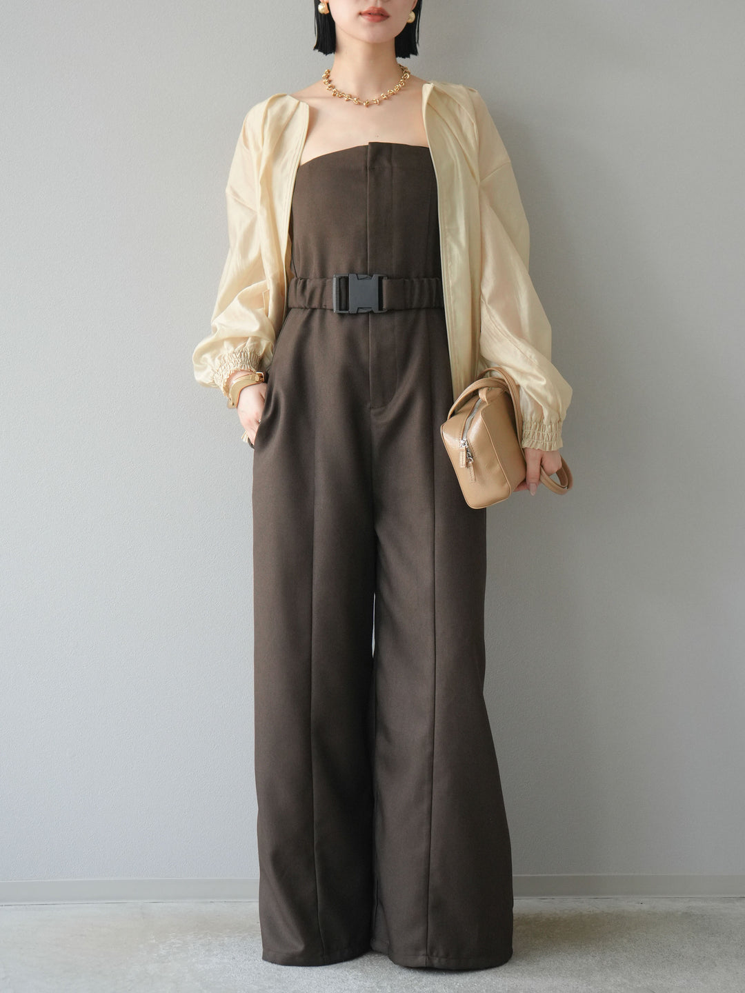 [SET]タックデザインシアーブルゾン+ヘザーツイルベルト付ベアサロペット(2set)