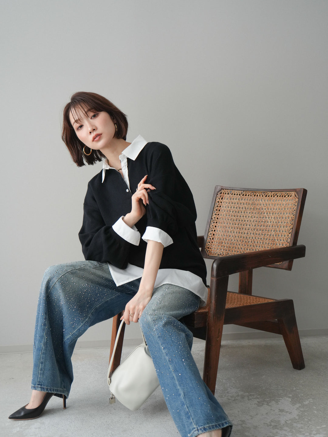 [予約]シャツドッキングオーバーニットプルオーバー/blackoff