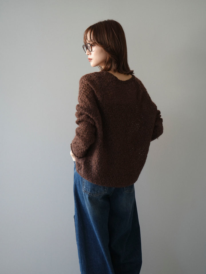 [予約]透かし編みモヘアタッチポコポコニットプルオーバー/brown